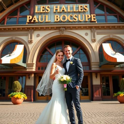 Couple de jeunes mari√©s posant devant les Halles Paul Bocuse