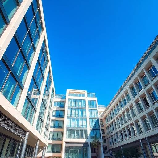 Photographie d'architecture moderne √† Lyon, avec des lignes √©pur√©es et un ciel bleu.