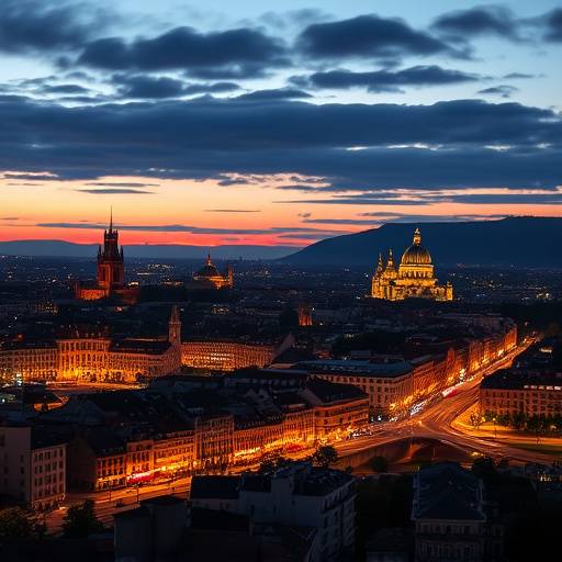 Photographie de paysage urbain de Lyon au cr√©puscule, avec des lumi√®res scintillantes.