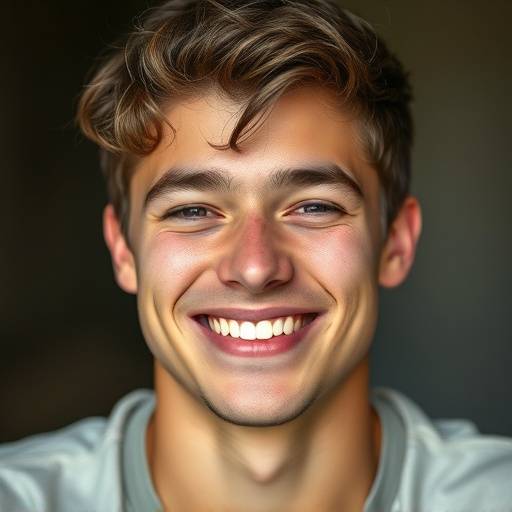 Portrait d'un jeune homme souriant avec un √©clairage doux.