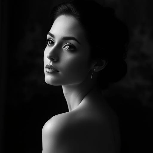 Portrait en noir et blanc d'une femme √©l√©gante regardant au loin.